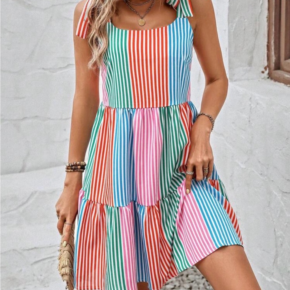 Striped Multicolor Tie-Shoulder Sundress